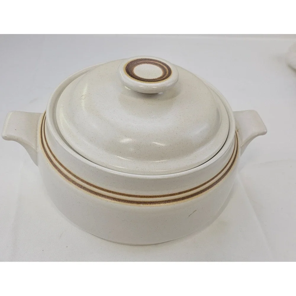 Woodberry Collection Stoneware Casserole Dish with Lid Cream Brown Striped Japan